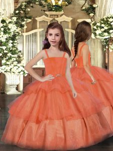 Cute Organza Straps Sleeveless Lace Up Ruffled Layers Pageant Gowns For Girls in Orange Red