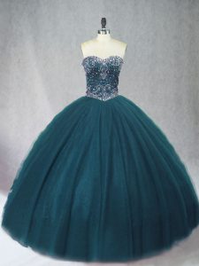 Pretty Floor Length Ball Gowns Sleeveless Peacock Green Sweet 16 Dresses Lace Up