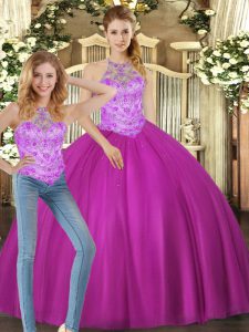  Fuchsia Halter Top Lace Up Beading 15th Birthday Dress Sleeveless