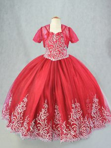  Red Ball Gowns Beading and Embroidery Little Girls Pageant Dress Wholesale Lace Up Tulle Sleeveless Floor Length