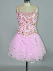  Rose Pink Lace Up Prom Dresses Beading and Ruffles Sleeveless Mini Length