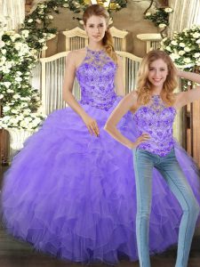  Halter Top Sleeveless Ball Gown Prom Dress Floor Length Beading and Ruffles Lavender Tulle