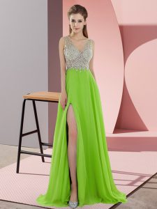Customized Evening Dress Prom and Party with Beading V-neck Sleeveless Sweep Train Zipper