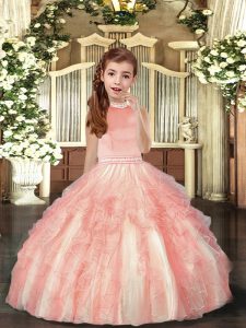  Peach Sleeveless Beading and Ruffles Floor Length Kids Pageant Dress