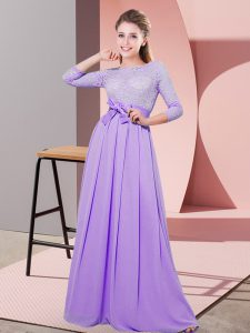  Empire Damas Dress Lavender Scoop Chiffon 3 4 Length Sleeve Floor Length Side Zipper