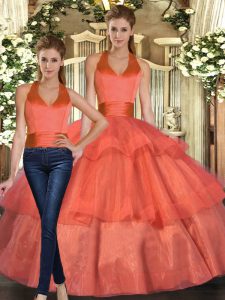 Elegant Halter Top Sleeveless Quinceanera Gowns Floor Length Ruffled Layers Orange Organza