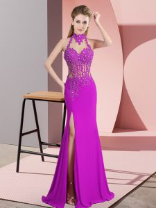  Fuchsia Column/Sheath Halter Top Sleeveless Chiffon Floor Length Backless Lace and Appliques Prom Evening Gown