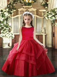  Red Tulle Lace Up Pageant Gowns For Girls Sleeveless Floor Length Ruffled Layers