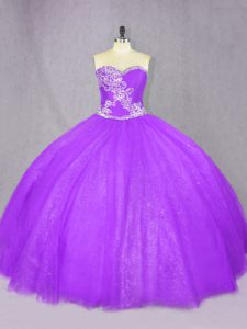 Fancy Floor Length Lavender Sweet 16 Dress Tulle Sleeveless Beading