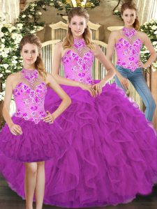  Fuchsia Three Pieces Embroidery and Ruffles Sweet 16 Dress Lace Up Tulle Sleeveless Floor Length
