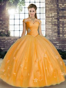  Orange Tulle Lace Up Quinceanera Gown Sleeveless Floor Length Beading and Appliques