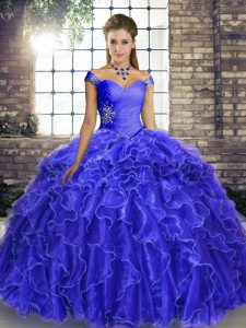  Royal Blue Ball Gowns Beading and Ruffles Sweet 16 Dress Lace Up Organza Sleeveless