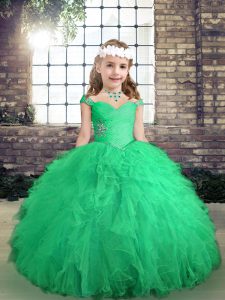  Beading and Ruffles Kids Formal Wear Turquoise Lace Up Long Sleeves Floor Length