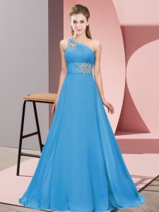 New Style One Shoulder Sleeveless Prom Dresses Floor Length Beading Blue Chiffon