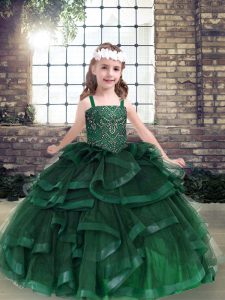 Amazing Tulle Straps Sleeveless Lace Up Beading and Ruffles Kids Formal Wear in Green