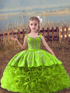 Trendy Yellow Green Sleeveless Sweep Train Embroidery Kids Pageant Dress