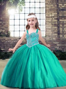  Turquoise Tulle Side Zipper Kids Pageant Dress Sleeveless Floor Length Beading