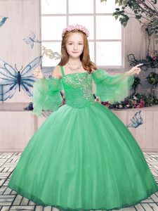  Sleeveless Tulle Floor Length Lace Up Little Girl Pageant Dress in Green with Beading