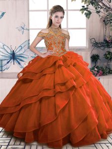 Discount Orange Organza Lace Up High-neck Sleeveless Floor Length Quinceanera Gown Beading and Ruffled Layers