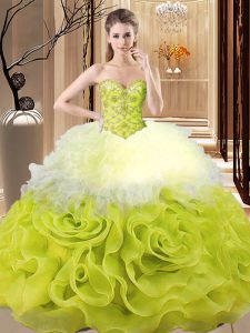  Multi-color Ball Gowns Beading and Ruffles Quinceanera Gown Lace Up Organza Sleeveless Floor Length