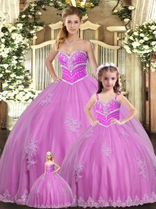  Sleeveless Tulle Floor Length Lace Up Vestidos de Quinceanera in Lilac with Beading and Appliques