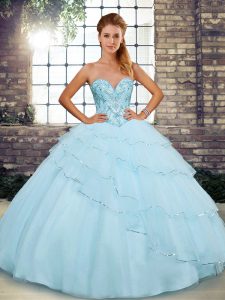  Light Blue Sleeveless Beading and Ruffled Layers Lace Up Ball Gown Prom Dress