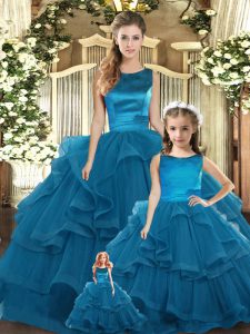 Delicate Teal Sleeveless Tulle Lace Up Quinceanera Dress for Military Ball and Sweet 16 and Quinceanera