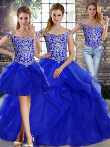  Royal Blue Tulle Lace Up Off The Shoulder Sleeveless Quinceanera Dresses Brush Train Beading and Ruffles