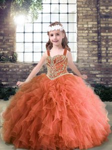  Straps Sleeveless Little Girl Pageant Gowns Floor Length Beading and Ruffles Rust Red Tulle