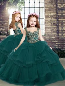 Exquisite Tulle Straps Sleeveless Lace Up Beading and Ruffles Kids Pageant Dress in Peacock Green