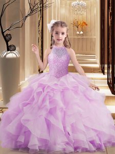 Dramatic Lilac Lace Up Little Girls Pageant Dress Beading Sleeveless Floor Length