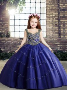  Royal Blue Tulle Lace Up Little Girls Pageant Gowns Sleeveless Floor Length Beading