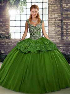  Tulle Straps Sleeveless Lace Up Beading and Appliques 15th Birthday Dress in Green