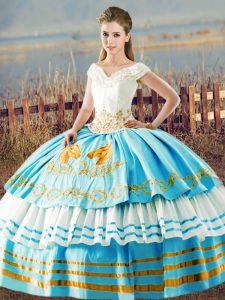  Blue And White V-neck Lace Up Embroidery and Ruffled Layers Quinceanera Gown Sleeveless