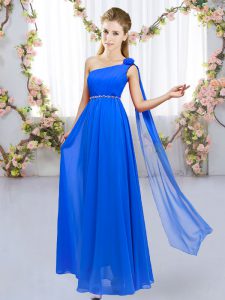 Fashion Royal Blue Lace Up One Shoulder Beading and Hand Made Flower Quinceanera Court Dresses Chiffon Sleeveless