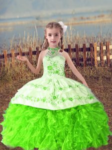  Floor Length Girls Pageant Dresses Organza Sleeveless Beading and Embroidery and Ruffles
