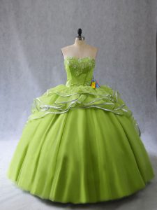  Yellow Green Sweetheart Lace Up Appliques and Ruffles Ball Gown Prom Dress Brush Train Sleeveless