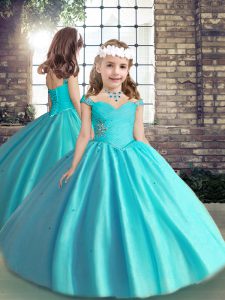 Excellent Baby Blue Sleeveless Floor Length Beading and Ruching Lace Up Child Pageant Dress
