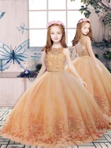 Superior Gold Backless Scoop Lace and Appliques Pageant Gowns For Girls Tulle Sleeveless