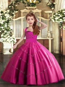  Fuchsia Sleeveless Beading Floor Length Child Pageant Dress