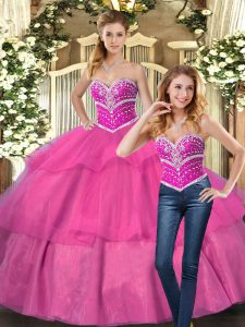  Floor Length Hot Pink Quinceanera Dresses Tulle Sleeveless Beading