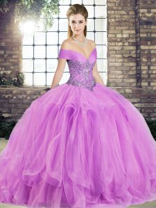 Hot Sale Off The Shoulder Sleeveless Tulle Sweet 16 Dresses Beading and Ruffles Lace Up