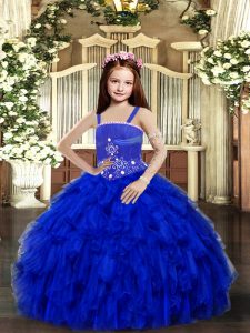  Royal Blue Sleeveless Beading and Ruffles Floor Length Pageant Gowns For Girls