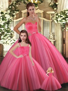 Affordable Sleeveless Floor Length Beading Lace Up Quince Ball Gowns with Coral Red