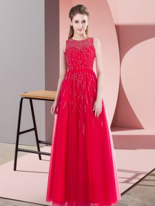 Vintage Coral Red Side Zipper Prom Dress Beading Sleeveless Floor Length