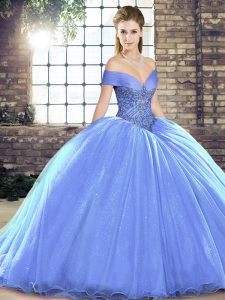 Modern Brush Train Ball Gowns Vestidos de Quinceanera Lavender Off The Shoulder Organza Sleeveless Lace Up