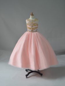  Pink Sleeveless Beading Floor Length Little Girl Pageant Dress