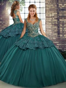 Traditional Sleeveless Floor Length Beading and Appliques Lace Up Sweet 16 Dress with Green