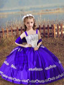 Top Selling Purple Satin Lace Up Straps Sleeveless Floor Length Pageant Gowns For Girls Beading and Embroidery