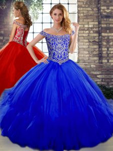 Glittering Royal Blue Sleeveless Beading and Ruffles Floor Length Ball Gown Prom Dress